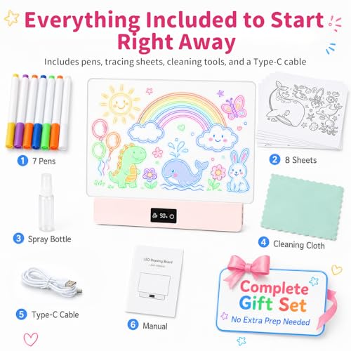 OUTON Rechargeable LED Drawing Board for Kids, 16" Glow Doodle LED Note Board with 8 Colors, 3 Light Effects, Reusable Neon Light Up Drawing Tablet Gift for Girls and Boys with Battery Display, Pink - color: Pink