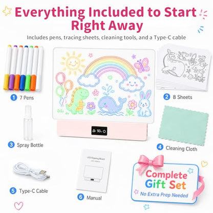 OUTON Rechargeable LED Drawing Board for Kids, 16" Glow Doodle LED Note Board with 8 Colors, 3 Light Effects, Reusable Neon Light Up Drawing Tablet Gift for Girls and Boys with Battery Display, Pink - color: Pink