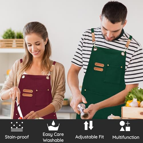 Chef Canvas Aprons with 3 Large Pockets Adjustable Strap for Men Women - color: Green