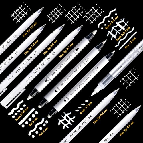 White Pens Set, White Gel Pens, Dual-Tip Acrylic Paint Pen | 6 Size Opaque Gel Ink Pen Brush Tip Acrylic Markers for Drawing, Sketching, Illustration, Card Making, Bullet Journaling - size: 10