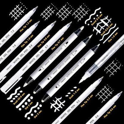 White Pens Set, White Gel Pens, Dual-Tip Acrylic Paint Pen | 6 Size Opaque Gel Ink Pen Brush Tip Acrylic Markers for Drawing, Sketching, Illustration, Card Making, Bullet Journaling - size: 10