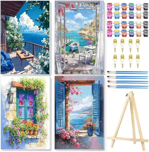 4 Pack Landscape Paint by Numbers for Adult with Framed Canvas Wooden Easel | Beach Paint by Number on Canvas, DIY Flower Landscape Acrylic Oil Painting Kits with Brushes for Home Wall Decor (8x12 inch) - color: 4pc Landscape