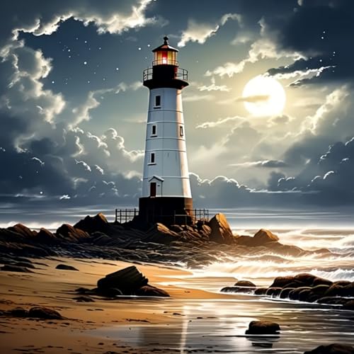 5D Lighthouse Diamond Art kits for Adults Beginners 13.7x 13.7 Inch | Landscape Diamond Painting Kit DIY Full Round Drill Paint by Diamonds Dot Gem Art for Adult, Home Wall Decor - color: KM888-1