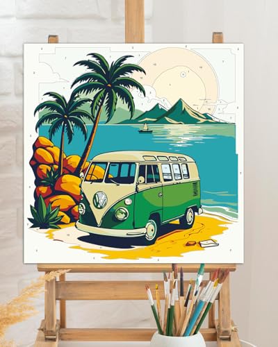 TOCARE Framed Paint by Numbers Kit for Adults Beginner & Kids Ages 8-12,Palm Tree Bus Paint by Number Framed,Simple Oil Paint by Number Kits on Canvas Framed Bus(10x10 Inch, Without Easel) - color: TC-F-103