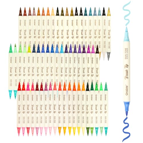 Grabie 120 Color Acrylic Paint Markers, Pack of 60 Dual Tip Brush Pens | 120 Colors in 60 Markers,Dual Tip Soft Brush Design,Water-Based Acrylic Ink For Paper, Rock, Wood, Canvas, Glass & Fabric - color: C.60Pcs-120Dual Tone Colors