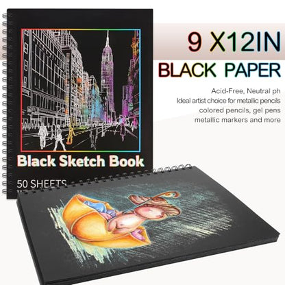 Black Paper Sketchbook 2 Pack, 9 × 12 in, 100 Sheets, 160gsm Spiral Bound | Acid-Free 108 Lb Black Paper, Left Spiral Tear-Out Pages, Hardcover for Drawing, Chalk, Gel Pens And Mixed Media - size: 9×12 Inch (2 Pack )