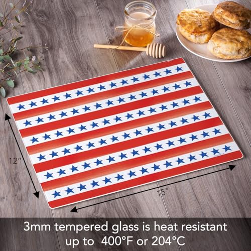 CounterArt Stars & Stripes 3mm Tempered Glass Cutting Board 12" x 15" | Serving Board, Charcuterie Board - color: Stars & Stripes