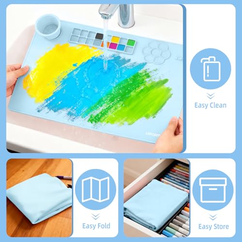 Silicone Painting Mat, 23.6x15.8in Art Craft Mat with Brushes | For watercolor resin clay DIY art use, waterproof table protection painting station with cup palette, 3 brushes, blue - color: Blue