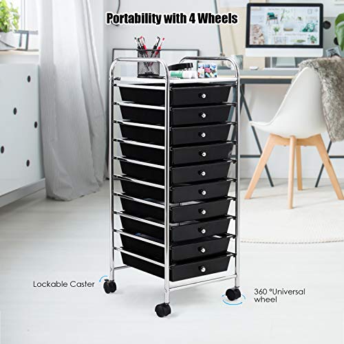 Happygrill 10-Drawer Storage Cart, Utility Cart with Removable Drawers & Metal Frame, Rolling Storage Cart with Lockable Wheels for Home, Office, Black - color: Black