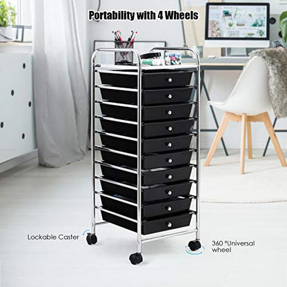 Happygrill 10-Drawer Storage Cart, Utility Cart with Removable Drawers & Metal Frame, Rolling Storage Cart with Lockable Wheels for Home, Office, Black - color: Black