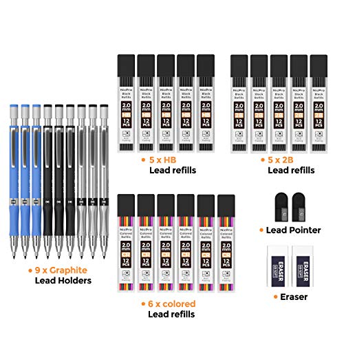 Nicpro 29 Pieces 2mm Mechanical Pencil Set, 9 PCS Drafting Carpenter Pencils 2.0 mm for Art Drawing Sketching construction with 192 Lead Refills Pre-Sharpen HB & 2B & Colors, 2 Erasers, 2 Sharpener - color: ‎Silver