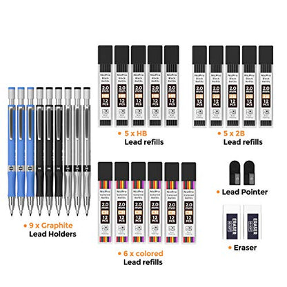 Nicpro 29 Pieces 2mm Mechanical Pencil Set, 9 PCS Drafting Carpenter Pencils 2.0 mm for Art Drawing Sketching construction with 192 Lead Refills Pre-Sharpen HB & 2B & Colors, 2 Erasers, 2 Sharpener - color: ‎Silver