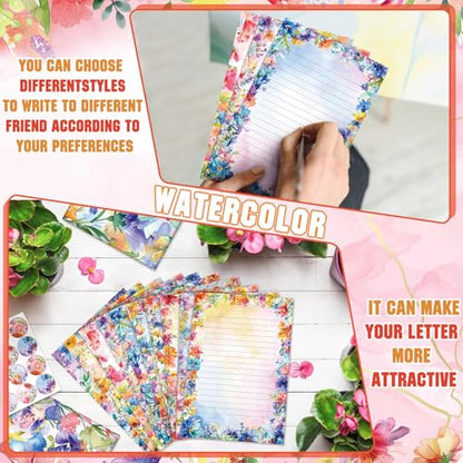 TaoBary 160 Pcs Stationery Paper Set 50 Double Sided Stationery Papers with 50 Matching Envelopes and 60 Round Dot Sticker, 10 Design(Bright Floral,5.5 x 8.25 Inch) - size: 5.5 x 8.25 Inch, style: Bright Floral