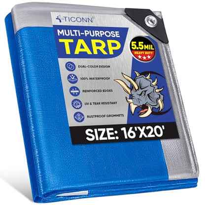 TICONN Heavy Duty Tarp Cover, Extra Thick Tarps Waterproof Tear and Rip Proof UV Resistant Tarpaulin with Reinforced Grommets and Edges (5.5 Mil, 16'x20') - color: Blue, size: 16'x20', 5.5 Mil