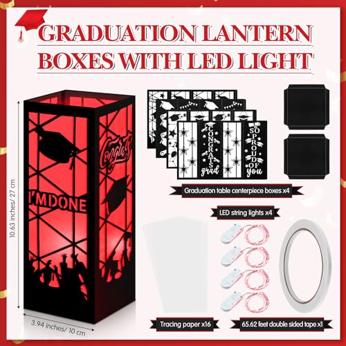 Feifeiya 4 Pcs 2026 Graduation Table Centerpieces Boxes Class of 2026 Graduation Table Lanterns with LED String Lights for Congrats Grad School College Party Supplies, 10.63 x 3.94 Inches(Red) - color: Red