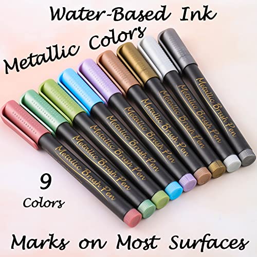 Dyvicl Metallic Brush Marker Pens - Metallic Pens Art Markers for Calligraphy, Brush Lettering, Black Paper, Rock Painting, Card Making, Scrapbooking, Fabric, Metal, Ceramic, Wine Glass, Set of 9 - style: 9 Brush tip