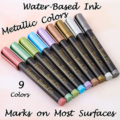 Dyvicl Metallic Brush Marker Pens - Metallic Pens Art Markers for Calligraphy, Brush Lettering, Black Paper, Rock Painting, Card Making, Scrapbooking, Fabric, Metal, Ceramic, Wine Glass, Set of 9 - style: 9 Brush tip