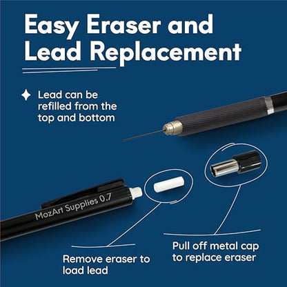 MozArt Mechanical Pencil 0.7mm Set 2x30 HB Lead & Eraser Pen Refills - color: 0.7 Black