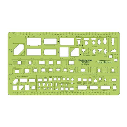 Pacific Arc, Plumbing Fixtures Template, 1/4 & 1/8 Scale. Drawing aid Stencil for Professional or School Work. Size 3.5 x 6 inch. - style: Plumbing Fixtures 1/4& 1/8 scale