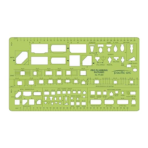 Pacific Arc, Plumbing Fixtures Template, 1/4 & 1/8 Scale. Drawing aid Stencil for Professional or School Work. Size 3.5 x 6 inch. - style: Plumbing Fixtures 1/4& 1/8 scale