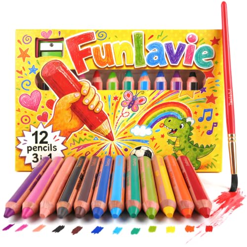 3 in 1 Colored Pencils Set, 12 Jumbo Fat Watercolor Crayons | 3-in-1 Set: Includes 12 jumbo pencils, 1 sharpener & 1 water brush. Use as colored pencils, crayons & watercolor pencils - color: 12-Color Set