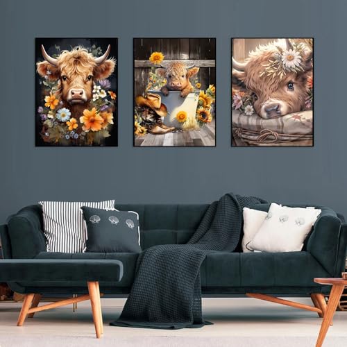 Axquilon 3 Pack Highland Cow Diamond Art Kits for Adults 12x16inch | Diamond Painting Kits for Adults, 5D Round Full Drill Cow Gem Art, Paint by Diamonds Pictures DIY Crafts Kits - color: 3 Pack Highland Cow