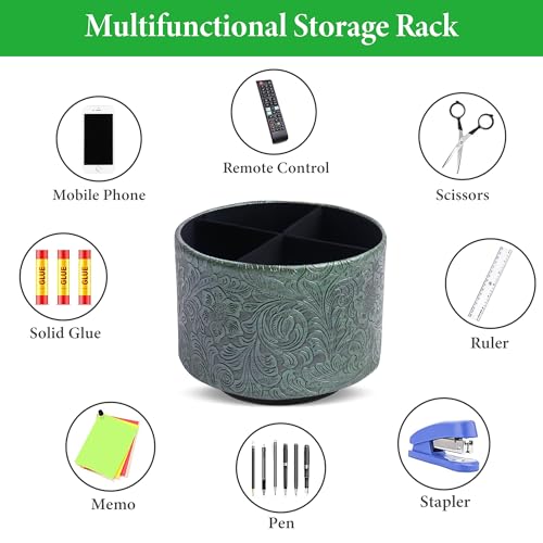 Round Leather Art Supply Organizer,Remote Control Holder,360 Degree Spinning,Multi-Functional Pencil Holder,4 Compartments Desktop Stationary Organizer(1-Carved Metal Green1) - color: 1-Carved Metal Green1