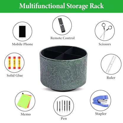 Round Leather Art Supply Organizer,Remote Control Holder,360 Degree Spinning,Multi-Functional Pencil Holder,4 Compartments Desktop Stationary Organizer(1-Carved Metal Green1) - color: 1-Carved Metal Green1