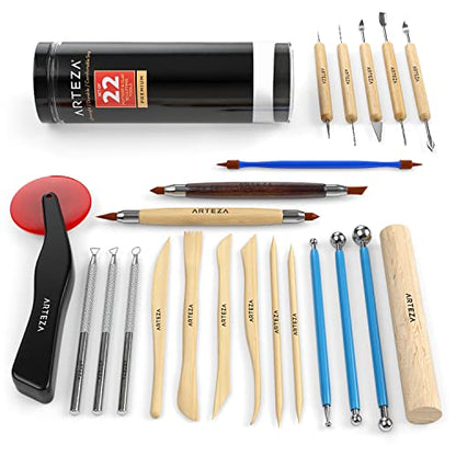 ARTEZA Pottery & Polymer Clay Tools, 22-Piece Sculpting Set, Steel Tip Tools with Wooden Handles, Craft Kit for Modeling, Carving - size: Set of 22