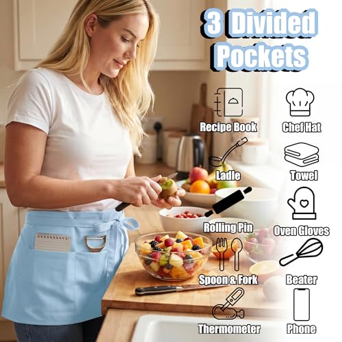 TOSHE Waist Apron 3 Pockets Waterdrop Resistant Cotton Server,Chef,Waitress - color: Light Blue