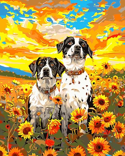 Yunnuo Dog Paint by Numbers Kit for Adults Beginners,Sunflower, 16X20 inch | Adult Paint by Number Kits on Canvas, Animals and Sunset Digital Oil Painting by Numbers for Home Decor Gifts - color: A-021-Dog and Sunflowers