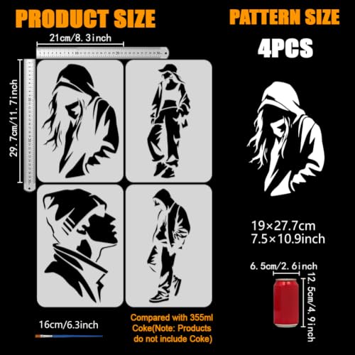 FINGERINSPIRE 4PCS Street People Painting Stencils with Paint Brush 8.3x11.7inch Reusable People Silhouette Template Plastic Hats Pattern Stencil Graffiti Theme Template for Painting on Floor - color: Street People