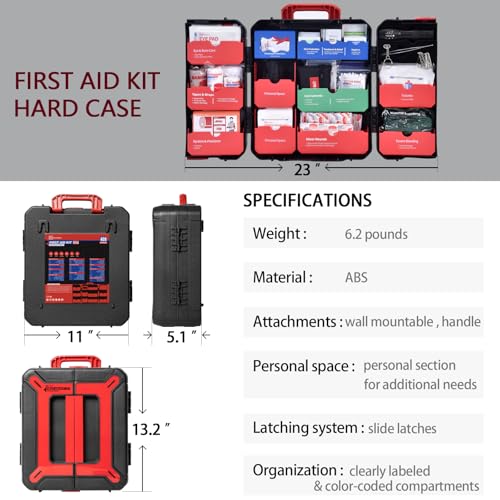 Hard Case First Aid Kit 408 Pcs - Wall Mountable Trauma Kit for Car, Home, Office & Truck - Comprehensive Large First Aid Supplies with Color-Coded Labelled Compartments - color: Red & Black