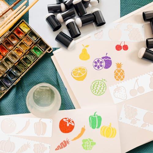 Daily Treasures 20Pcs Finger Sponge, Finger Sponge daubers with 8Pcs Vegetables and Fruits Stencil Templates for Arts and Craft Painting Projects-Daubers for Stamping, Drawing, Ink, Card Making
