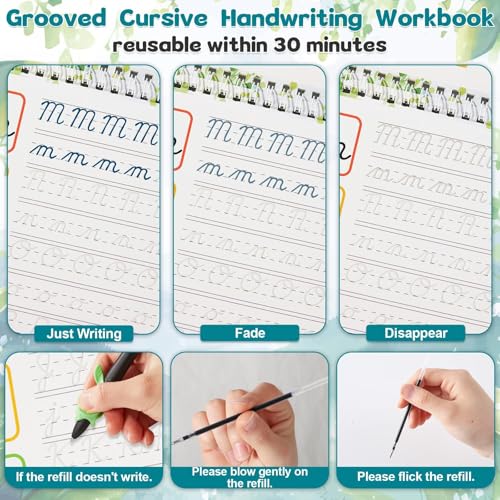 gisgfim Grooved Cursive Handwriting Workbook Magic Reusable Grooved Cursive Handwriting Practice Guided Tracing with Disappearing Ink Pens for Beginners Kids Learning Activities Supplies (Letters) - style: Alphabet