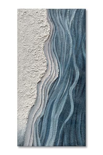 Art 24x48 inches Hand-Painted Blue and White Textured Art Oil Painting - Modern Abstract sea Wave Landscape Art - Suitable for Wall Decoration in Home Office - color: Yi132