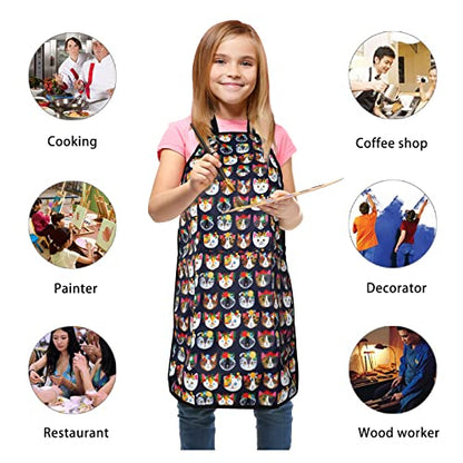 FreeNFond Kids Apron Adjustable Child Apron with 4 Pockets for Baking Painting - color: Blue Cat