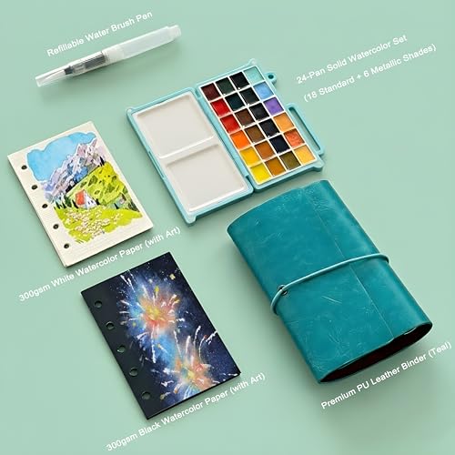 Mini Travel Watercolor Sketchbook Set - 24 Colors Pocket Paint Kit (6 Metallic, Neon, Macaron) with Refillable 300gsm Black & White Paper - PU Leather Urban Sketching Binder & Water Brush Gift - color: Green