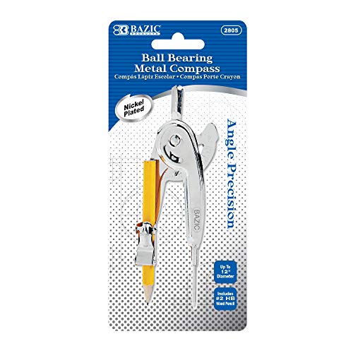 BAZIC Metal Ball Bearing Compass w/ #2 HB Wood Pencil, Nickel Plated Compass for Precision Geometry Math Drafting, Great for Student Designer Mathematician Carpenter Office & School, 1-Pack | #2 wood pencil that draws clean circles and arcs for geometry,