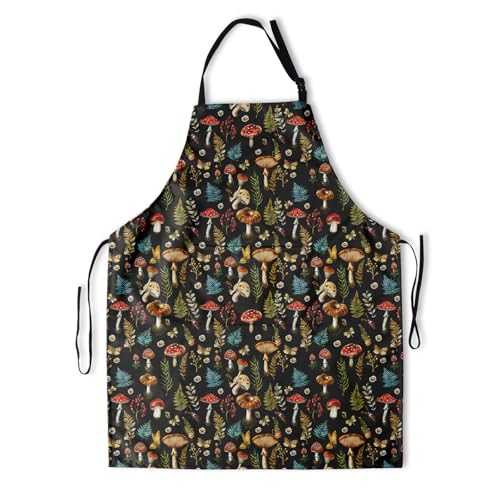 Funny Apron Polyester Grooming Aprons with Pocket for Cooking Kitchen Grilling Adults - color: Fuuny Mushroom Black