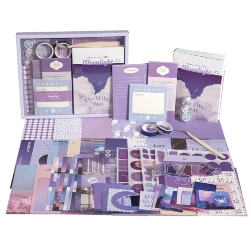 Scrapbook Photo Album Supplies Kit with Tweezers and Glue Tape – Romantic Stationery Aesthetic Junk Journal Kit, Scrapbooking Paper, Sticker Pack, Notebook, DIY Craft, Gift for Teen Women (Monnlight) - color: Monnlight