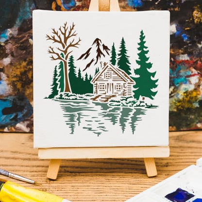 Forest Cabin Tree Stencil for Painting, 11.8"x11.8" Reusable The Lake House Stencil Drawing Template, DIY Craft Paint Template for Wall Home Decor Wood Burning Card Canvas Journal - style: Forest