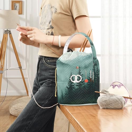 Green Mountains and Pine Trees 3500 Yarn Bag Small Crochet Bag Drawstring Yarn Storage Organizer Knitting Project Bags Potable Yarn Holder with Holes Handle Crocheting Needles Knitting Access - color: Green Mountains and Pine Trees