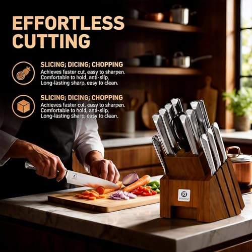 imarku 16PCS Stainless Steel Knife Set, Full Tang Design with Wooden Block | Knife Set With Block And Sharpener, High Carbon Stainless Steel Blades, Ergonomic Non-Slip Handles, Dishwasher Safe Design - color: Brown-Sliver, size: 16 Pcs