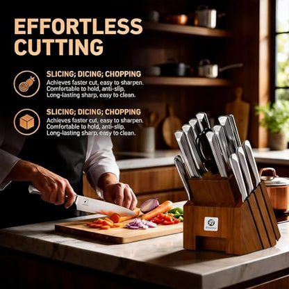 imarku 16PCS Stainless Steel Knife Set, Full Tang Design with Wooden Block | Knife Set With Block And Sharpener, High Carbon Stainless Steel Blades, Ergonomic Non-Slip Handles, Dishwasher Safe Design - color: Brown-Sliver, size: 16 Pcs
