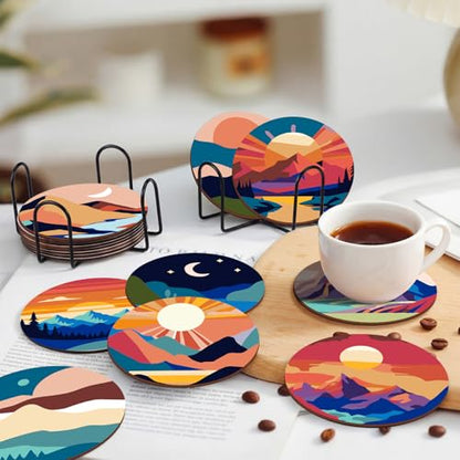 Reallnaive 8 Pcs Mountain Paint by Numbers Kit for Adults Wooden Coasters - style: Mountain