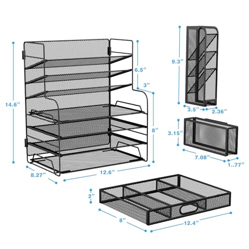 7 Tier Desk File Organizer Office storage Desk Accessories, Desktop Organizer for Office Supplies with Drawer and 2 Pen Holders (Black)