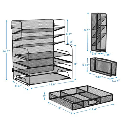 7 Tier Desk File Organizer Office storage Desk Accessories, Desktop Organizer for Office Supplies with Drawer and 2 Pen Holders (Black)