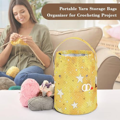 Cartoon Golden Stars and Dots Yarn Bag Small Crochet Bag Drawstring Yarn Storage Organizer Knitting Project Bags Potable Yarn Holder with Holes Handle Crocheting Needles Knitting Accessories - color: Cartoon Golden Stars and Dots