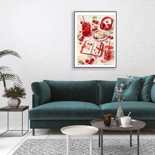 WUSARPLY Cherry Diamond Painting Kits for Beginner Adults | Pink Cherry Drink Diamond Art Kits Full Drill Diamond Dots Paint with Diamonds Gem Arts and Crafts Home Wall Decor - color: YH024